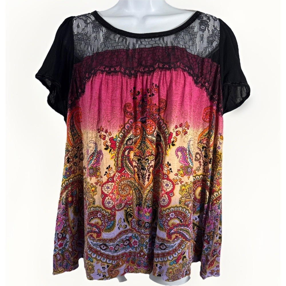 Bila Boho Paisley Lace Yoke Top Short Sleeve Pink Orange Purple Tunic 2XL FLAW
